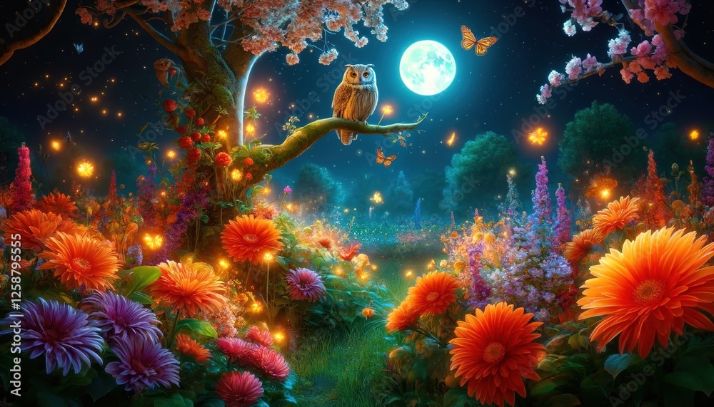 fairy tale fantasy garden with an owl on a tree among strange flowers at night in a mystical mysterious light