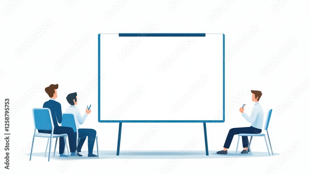 Three individuals sit in chairs, focused on brainstorming or discussing while facing a blank whiteboard in a well-lit environment, ideal for collaboration and study Three individuals sit in chairs, focused on brainstorming or discussing while facing a blank whiteboard in a well-lit environment, ideal for collaboration and study