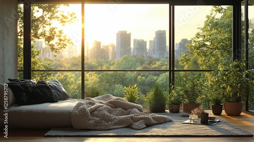 Morning light streams through large windows onto a cozy bedroom with city vie...
