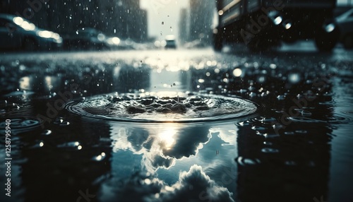 Splash of water in a puddle on a city street during a heavy downpour photo