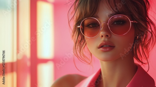 Stylish young woman posing with retro sunglasses in a pink-toned setting duri...