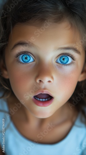 Young girl expressing surprise with wide open blue eyes and a shocked mouth w...