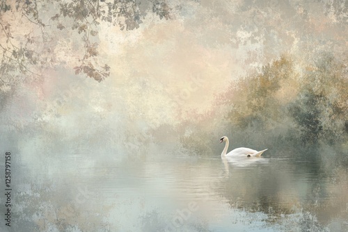 A serene swan floating in a lake at sunrise