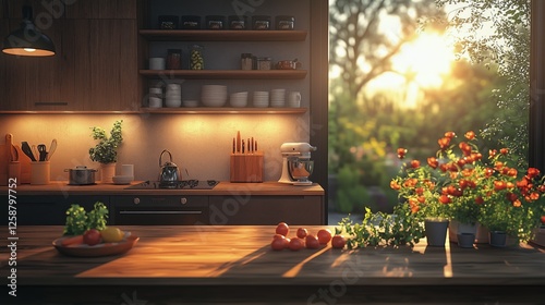 Sunlight streaming into a cozy kitchen filled with fresh ingredients and culi...