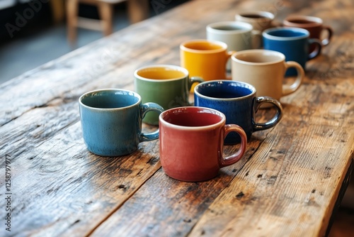 Colorful ceramic mugs arranged on a wooden table in a cozy cafe setting