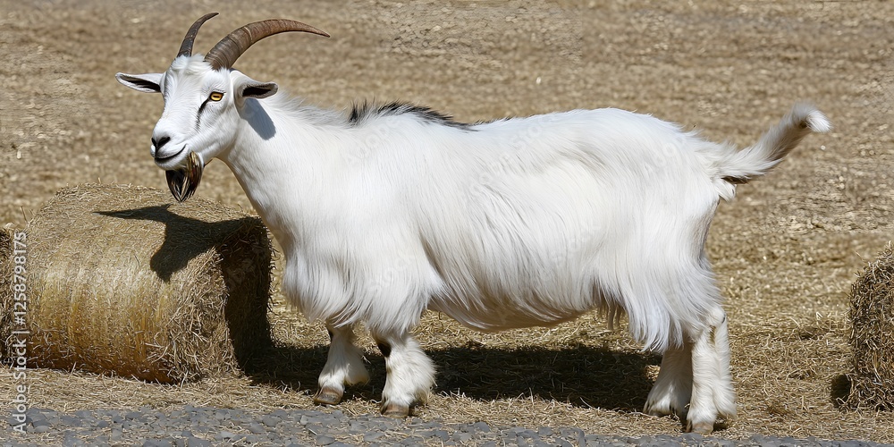 Obraz premium Fluffy White Goat in Hayfield Farm Animal