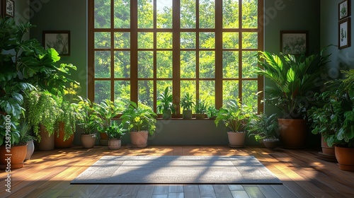 Bright and cozy indoor garden with sunlight streaming through large windows i...
