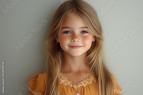 Young girl with long hair smiling warmly against a simple background
