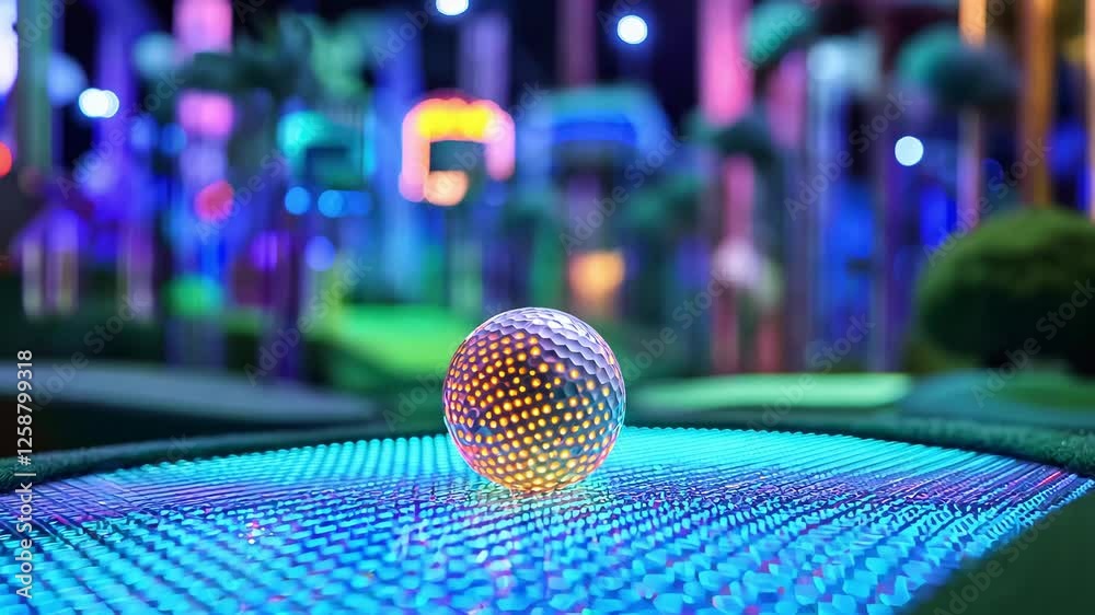 A lively mini golf setting filled with colorful lights and a glowing ambiance, perfect for an evening of fun and relaxation