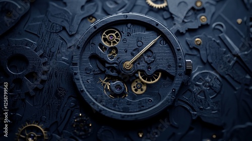 watch dial screen technology background that serves as both a time measure and an indicator. The background is composed of geometric shapes, with cogs underneath. concentrated on the dark blue tone