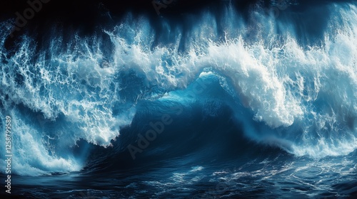 Powerful ocean waves crash dramatically against the shore at dusk