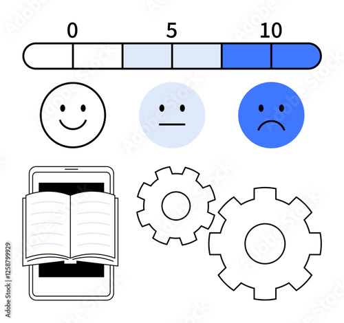emotion faces indicating satisfaction, progress bar, open book on smartphone, and gears representing processes. Ideal for feedback, progress tracking, education, productivity, development