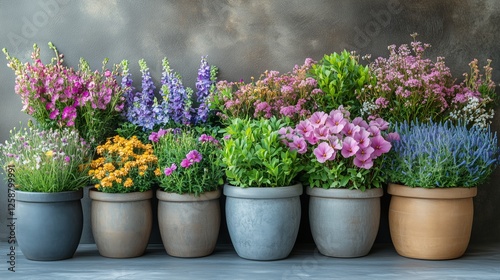 Colorful flower pots arranged in a beautiful display with a neutral backgroun...