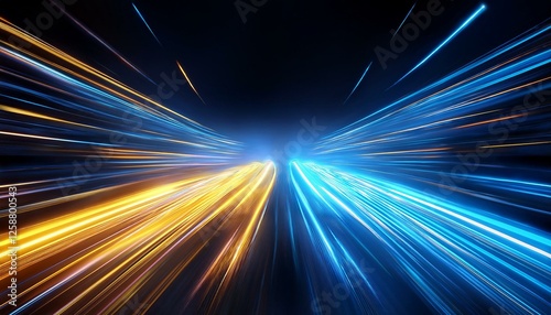 blue and yellow neon lights in fast motion creating an abstract futuristic effect that symbolizes speed energy innovation and dynamic transformation