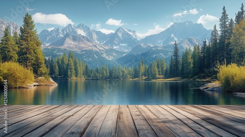 Beautiful mountain lake with calm water and lush trees under a blue sky in th...