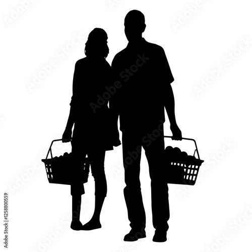 Silhouettes of a Couple Holding Shopping Baskets While Grocery Shopping. Budget Planning, Smart Spending, Market Shopping, Retail Therapy, Daily Life, Economic Lifestyle, Consumer Behavior, Modern Sho