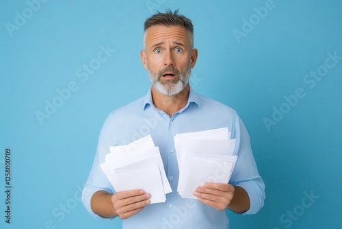 Frustrated businessman holding a stack of overdue bills, symbolizing personal financial struggles and economic downturn effects. photo