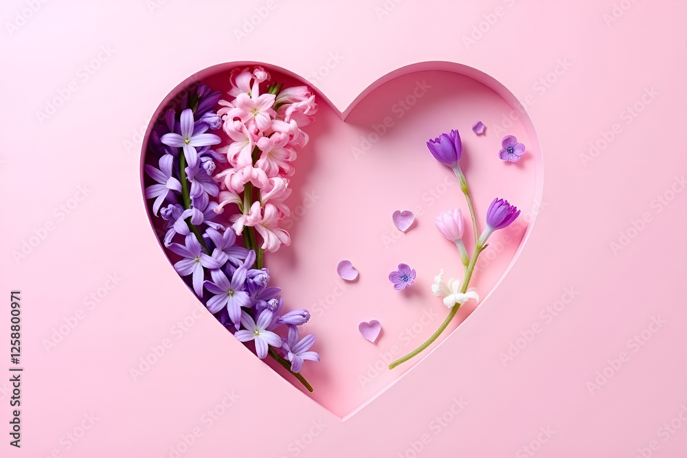 A visually striking flat lay featuring a heart-shaped cutout filled with lush hyacinth flowers in shades of pink, lavender, and white, set against a punchy pastel pink background. A visually striking flat lay featuring a heart-shaped cutout filled with lush hyacinth flowers in shades of pink, lavender, and white, set against a punchy pastel pink background.