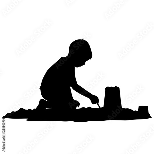 Silhouette of a Child Sitting on the Ground, Playing with Sand in a Sandbox. Simple Joys, Hands-on Exploration, Sensory Development, Independence. Imaginative Play, Creativity, Early Learning, Childho