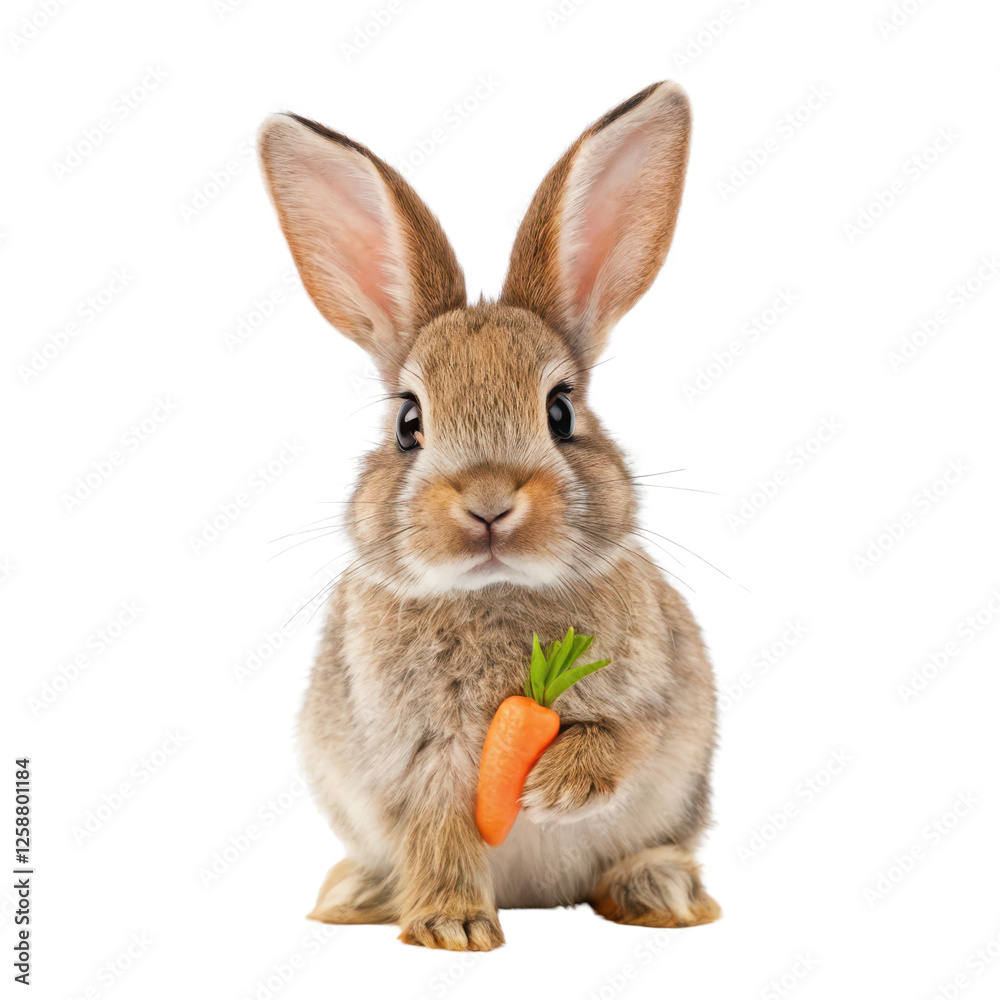 Cute rabbit holding a carrot isolated on white background