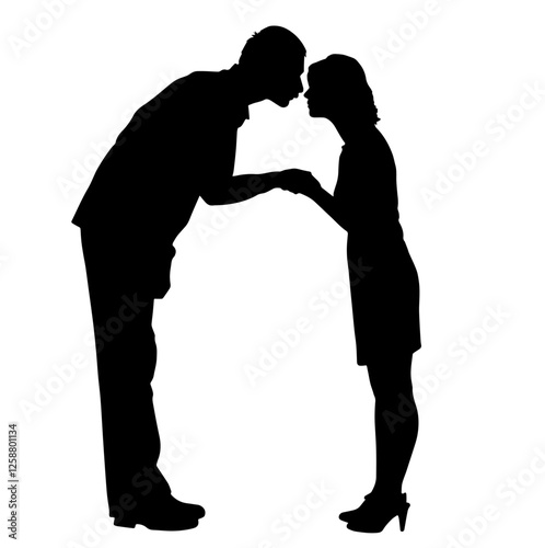 Silhouettes of a Man,Woman Standing Face-to-Face Kissing, Woman Wearing a Dress, Man in Formal Wear. Relationship Bond, Wedding Inspiration, Emotional Connection, Tender Embrace.