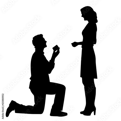 Silhouette of a Man on One Knee Proposing to a Woman with a Ring. Marriage Proposal, Engagement, Love Commitment, Romantic Gesture, Wedding Planning, Couple Bond, Emotional Moment, Future Together, Ce