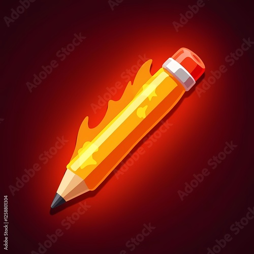 An glowing image of a gold pencil with a painted logo. The background is a fiery red color, adding depth and contrast. photo