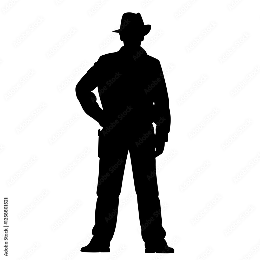 Silhouette of a Sheriff, Policeman Standing in a Hat. Law Enforcement, Authority, Protection, Public Safety, Crime Prevention, Security, Justice, Order, Government Regulation Silhouette of a Sheriff, Policeman Standing in a Hat. Law Enforcement, Authority, Protection, Public Safety, Crime Prevention, Security, Justice, Order, Government Regulation