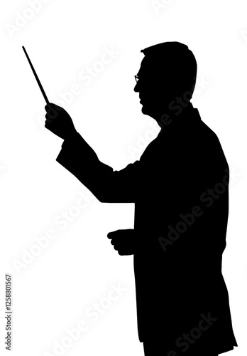 Silhouette of a Teacher, Professor Holding a Pointer, Facing Left. Education, Knowledge, Academic Instruction, Learning, Schooling, Teaching Strategies, Classroom Management, Pedagogy