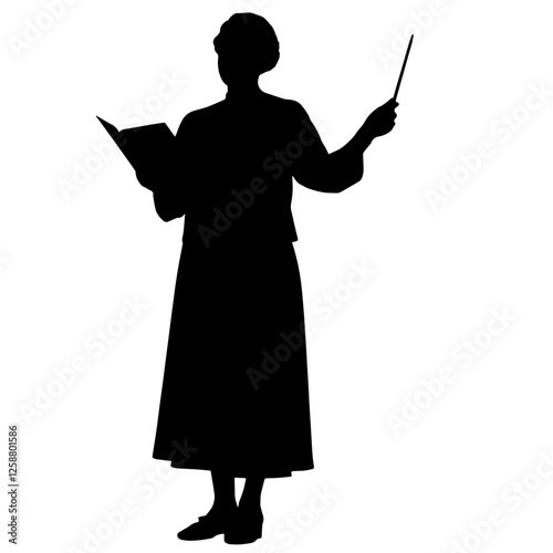 Silhouette of a Teacher or Lecturer Holding an Open Book and Pointer, Wearing Long Clothing. Education, Literacy, Knowledge Sharing, Classroom Engagement, Public Speaking, Academic Discourse