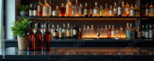 Wallpaper Mural Sleek dark counter, glass backdrop showcasing bottles, counter, elegant, pub Torontodigital.ca