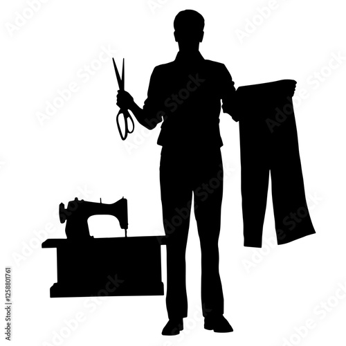 Silhouette of a Tailor Holding Scissors and Fabric, Sewing Machine on Table. Fashion Design, Garment Production, Textile Industry, Handmade Clothing,Craftsmanship, Apparel Manufacturing, Fabric Arts