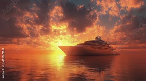 Sunset over calm waters with a luxury yacht silhouetted against vibrant clouds