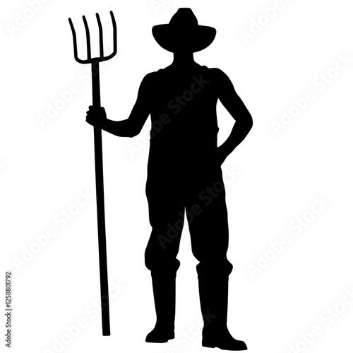 Silhouette of a Farmer Wearing a Hat and Holding a Pitchfork, Standing with One Hand on Hip. Agriculture, Rural Life, Farming Industry, Traditional Labor, Agricultural Work, Countryside Living.Food Pr