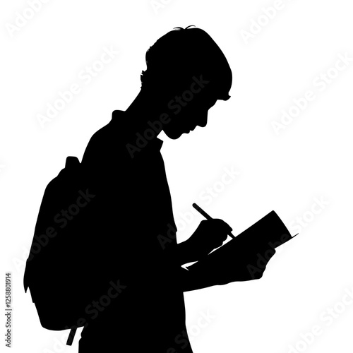 Silhouette of a Student Writing in a Notebook While Carrying a Backpack, Side View. Education, Learning Process, Academic Development, Studying, Personal Growth, Knowledge Acquisition, School Life, No