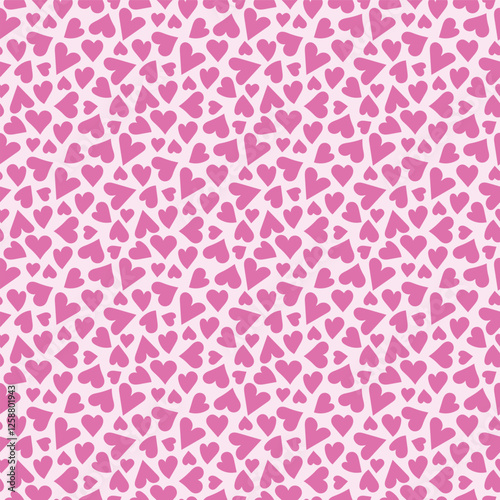 Shocking Hot Pink Hearts Scattered on Pastel Carnation Pink background creating a seamless pattern print background