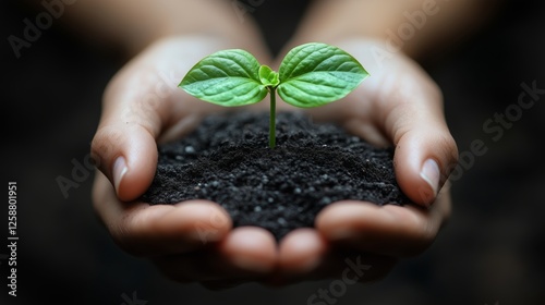 New plant sprout held gently in hands in a nurturing gesture of growth