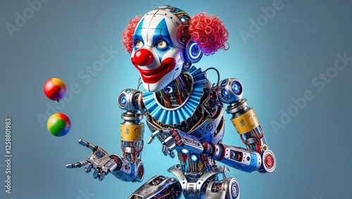 A futuristic robotic clown juggling colorful balls, blending technology with entertainment