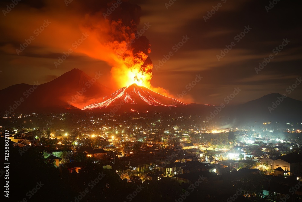 Fototapeta premium Erupting volcano with red glow, sending massive plumes into night sky, overlooking a town below