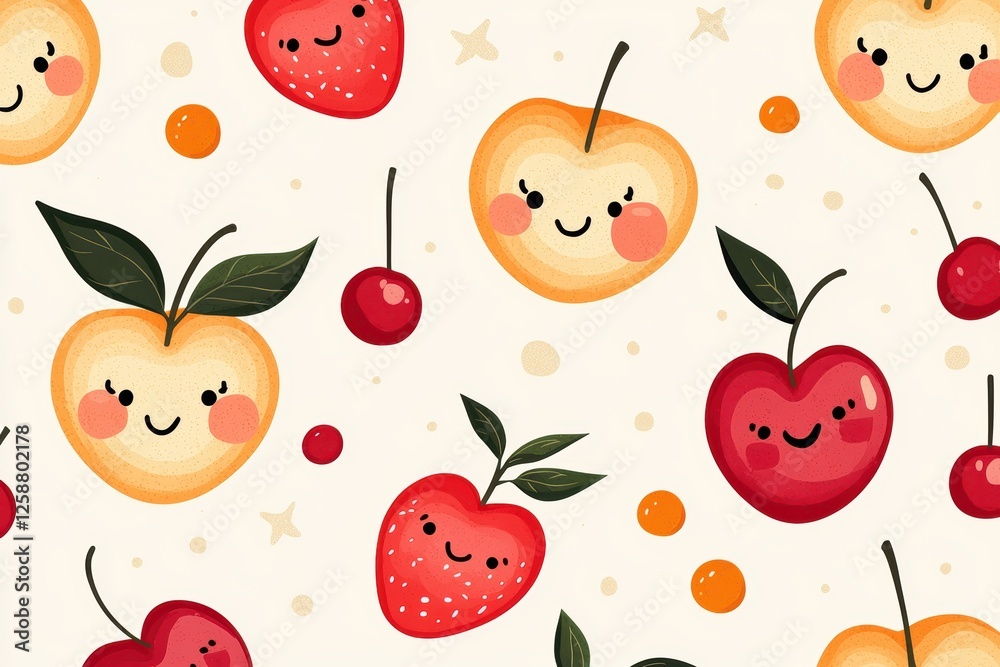 A whimsical pattern featuring smiling fruits, including apples, strawberries, and cherries, on a light background, perfect for cheerful decor or designs. A whimsical pattern featuring smiling fruits, including apples, strawberries, and cherries, on a light background, perfect for cheerful decor or designs.