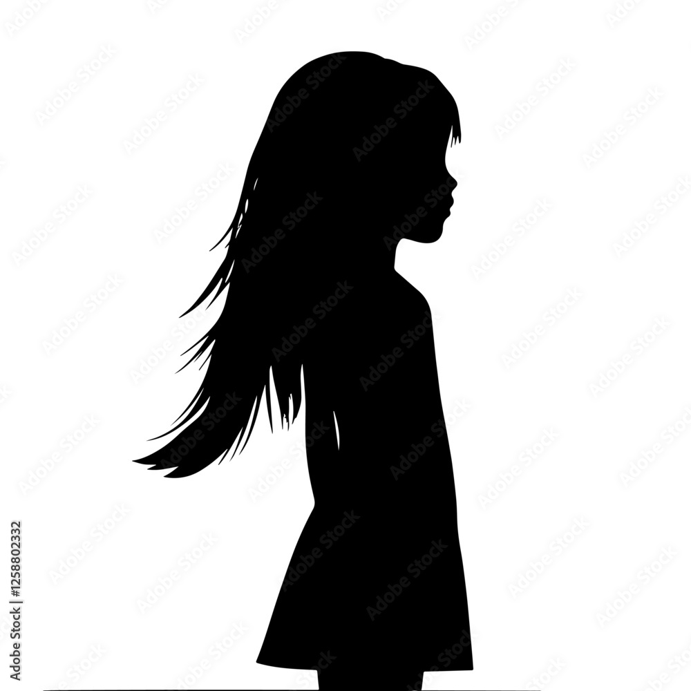 Silhouette of a Young Girl Standing in Profile with Flowing Hair. Childhood, Innocence, Youthful Spirit, Growing Up, Children’s Identity,Family, Graphic Design, Visual Representation Silhouette of a Young Girl Standing in Profile with Flowing Hair. Childhood, Innocence, Youthful Spirit, Growing Up, Children’s Identity,Family, Graphic Design, Visual Representation