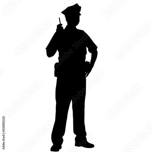 Silhouette of a Police Officer Standing with One Hand on Hip, Holding a Radio. Patrol Duty, Law, Public Safety, Security, Crime Prevention, Emergency Response, Community Protection, Authority
