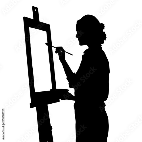 Silhouette of an Artist Painting on an Easel, Holding a Brush, Palette. Creativity, Expression, Painting Studio, Artistic Vision, Visual Arts, Hobby, Professional Painter, Art Education, Inspiration