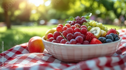 Fresh fruit bowl on picnic blanket in sunny park with blurred trees and sunlight
