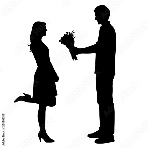 Silhouette of a Man Giving a Woman a Bouquet of Flowers, Valentine’s Day. Romance, Love, Affection, Gift-Giving, Special Moment, Relationship, Thoughtful Gesture, Emotional Connection, Holiday Celebra