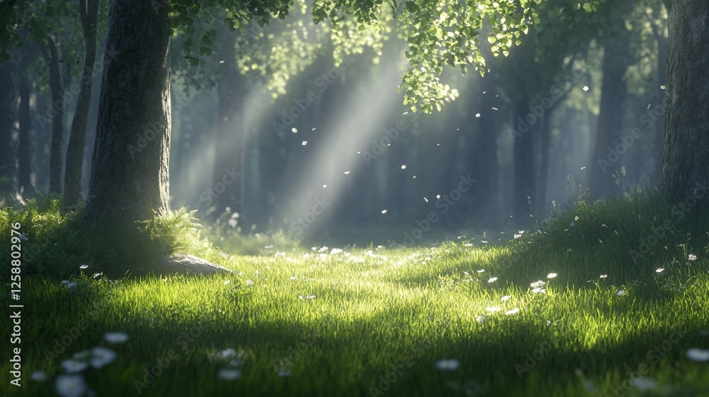 Obraz premium Enchanted Forest: Sunbeams Dance Through Lush Green Meadow and Ancient Trees
