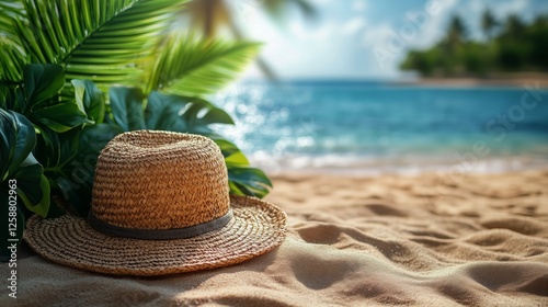 Relaxing beach scene with straw hat and lush greenery near calm ocean water