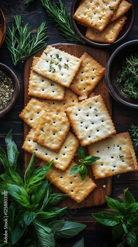 Fresh herbs and crispy crackers arranged on a wooden board with vibrant green...