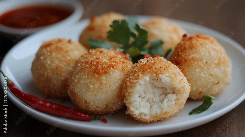 Crispy Fried Rice Balls with Spicy Chili Sauce Garnish, A Delicious Asian-Inspired Appetizer Crispy Fried Rice Balls with Spicy Chili Sauce Garnish, A Delicious Asian-Inspired Appetizer