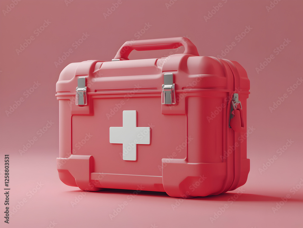 Obraz premium 3D Illustration of a Red Medical Supply Case with a White Cross for Disaster Preparedness, Healthcare, and First Response Equipment